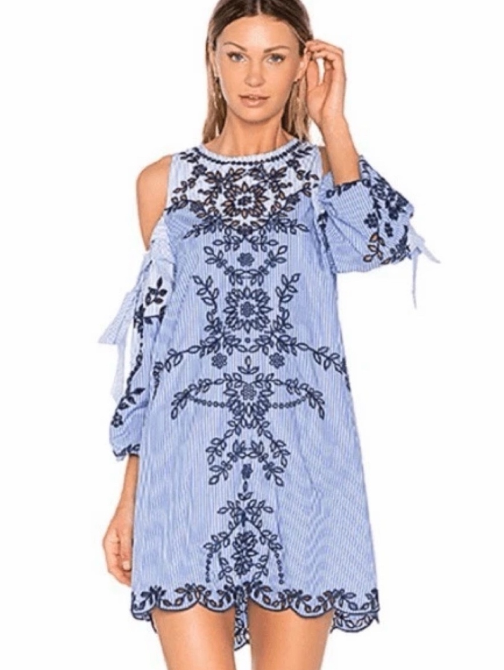 Parker Newton Dress in Pinstripe Revolve Cold Shoulder Dress Blue Embroidered XS